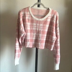 Boxy Cropped Plaid Pink Sweater